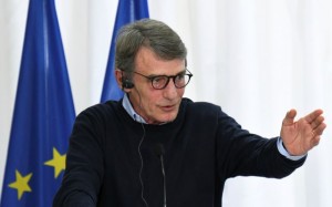 European Parliament President David-Maria Sassoli gestures as he speaks during a joint statement to the press in the village of Kastanies, near the Greek-Turkish border, March 3, 2020. REUTERS/Alexandros Avramidis