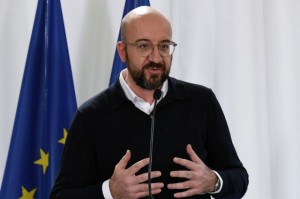 European Council President Charles Michel gestures as he speaks during a joint statement to the press in the village of Kastanies, near the Greek-Turkish border, March 3, 2020. REUTERS/Alexandros Avramidis