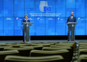 European Commission President Ursula von der Leyen and European Council President Charles Michel attend a news conference after a video conferenced EU summit with European heads of state to discuss measures related to the coronavirus disease (COVID-19), in Brussels, Belgium April 23, 2020. Olivier Hoslet/Pool via REUTERS