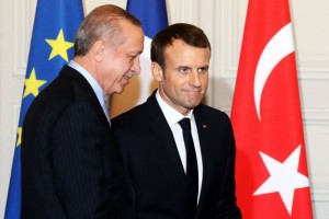 epa06418931 French President Emmanuel Macron (R) and Turkish President Recep Tayyip Erdogan (L) walk out after a joint press conference at the Elysee Palace in Paris, France, 05 January 2018. Erdogan will attempt to reset relations with Europe at talks with Macron in Paris on January 5 that are likely to be overshadowed by human rights concerns. Erdogan is in Paris for a one-day visit for bilateral talks. EPA/LUDOVIC MARIN / POOL MAXPPP OUT