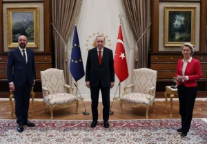 Turkish President Tayyip Erdogan meets with European Council President Charles Michel and European Commission President Ursula von der Leyen?in Ankara, Turkey April 6, 2021. Presidential Press Office/Handout via REUTERS ATTENTION EDITORS - THIS PICTURE WAS PROVIDED BY A THIRD PARTY. NO RESALES. NO ARCHIVE.